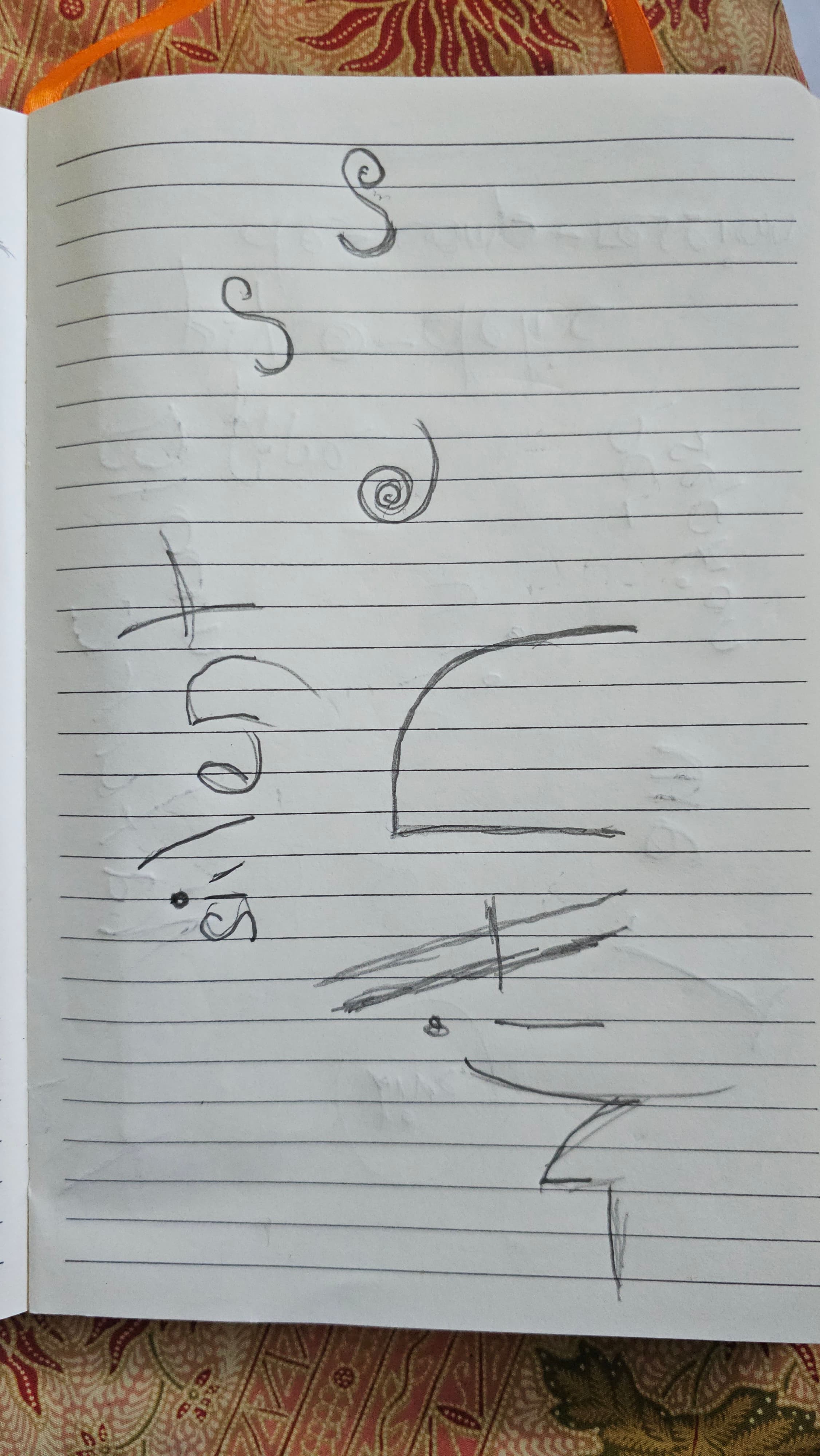 Notebook page with the phrase 'silent wittn e ss' drawn large — the letters of 'witness' deliberately broken open with spaces, spiral S's holding the shape, the word slowed down across the page so each part has its own room.
