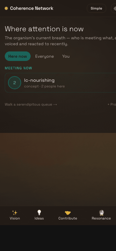 Mobile screenshot of /here — 'meeting now' with lc-nourishing showing 2 people