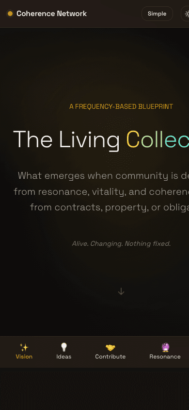 Mobile screenshot of /vision — hero 'The Living Collective' with clipped text