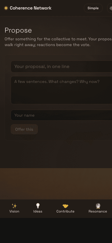 Mobile screenshot of /propose — form with three fields