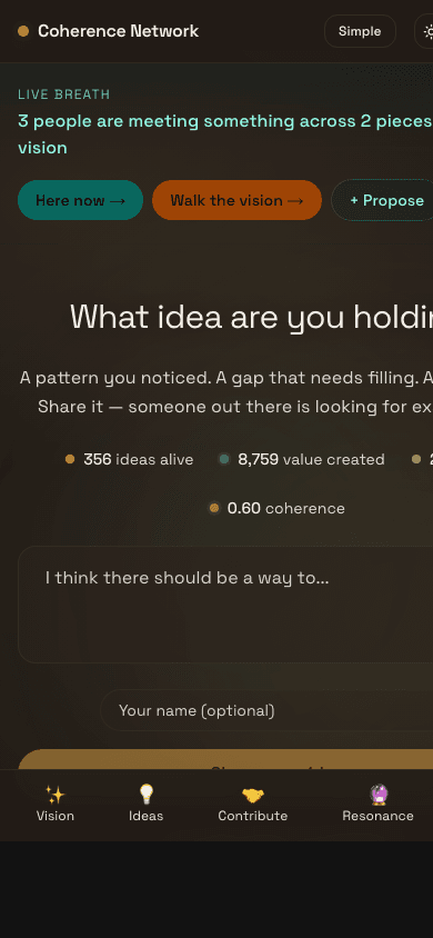Mobile screenshot of the home page showing the LiveBreathPanel and the 'what idea are you holding' section.