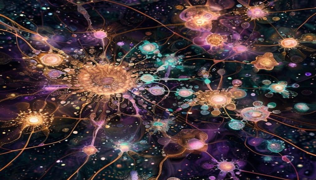 Many bioluminescent cells in the field, finding each other across distance.