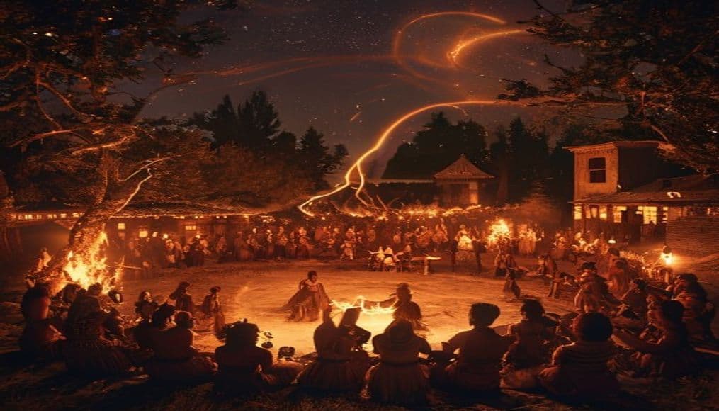 A night ceremony with multiple bonfires, dancers in the center, embers swirling up to the stars.