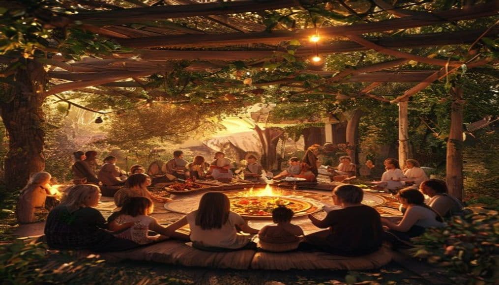 A circle of people sharing a meal under a vine canopy at golden hour.