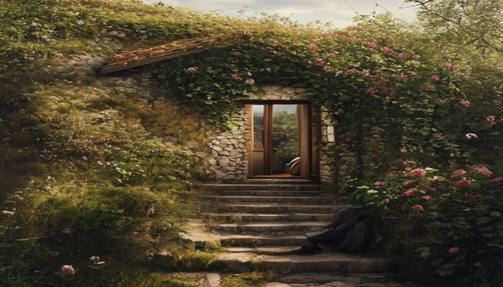 A stone home grown into a hillside, grass roof, climbing roses, garden steps.
