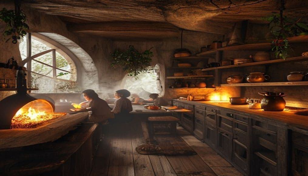 A warm hearth kitchen with bread oven, copper pots, and people preparing food together.
