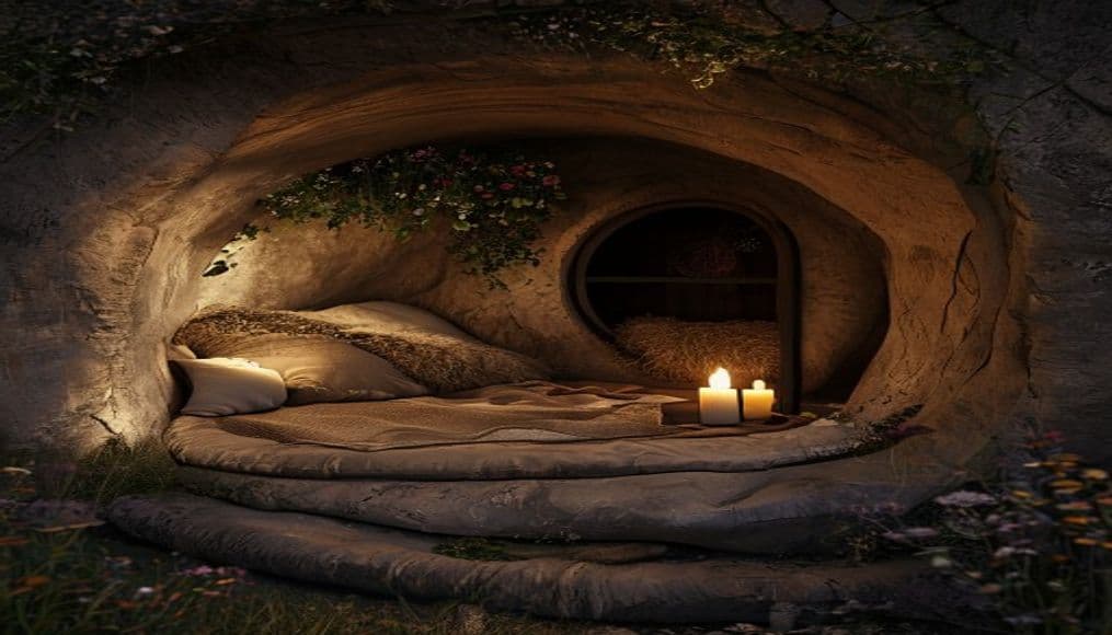A soft earth-and-stone sleeping nest with candles and flowers, set into a hillside.