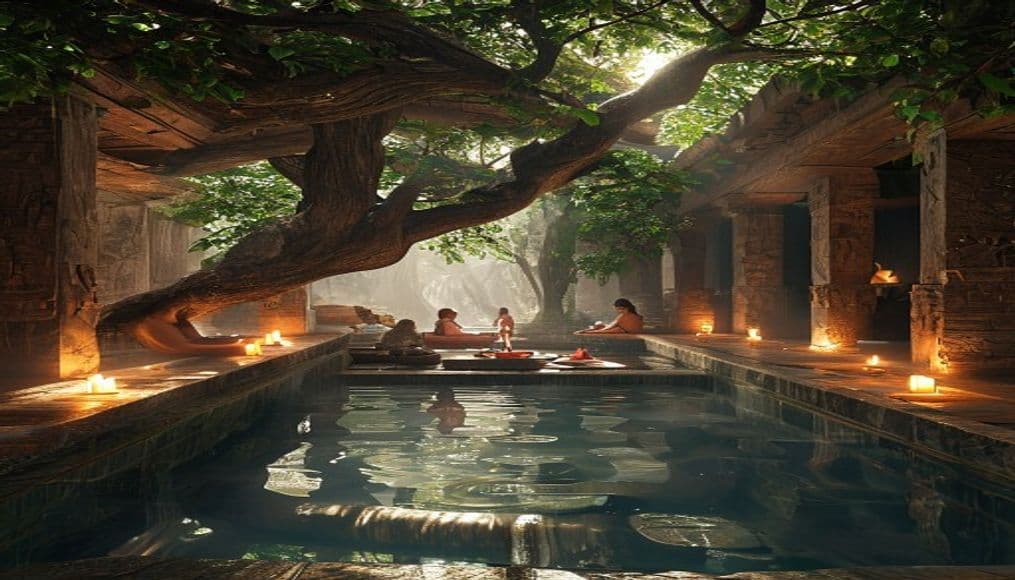An ancient stone water temple with banyan tree branches reaching across the pool, candles around the edge.