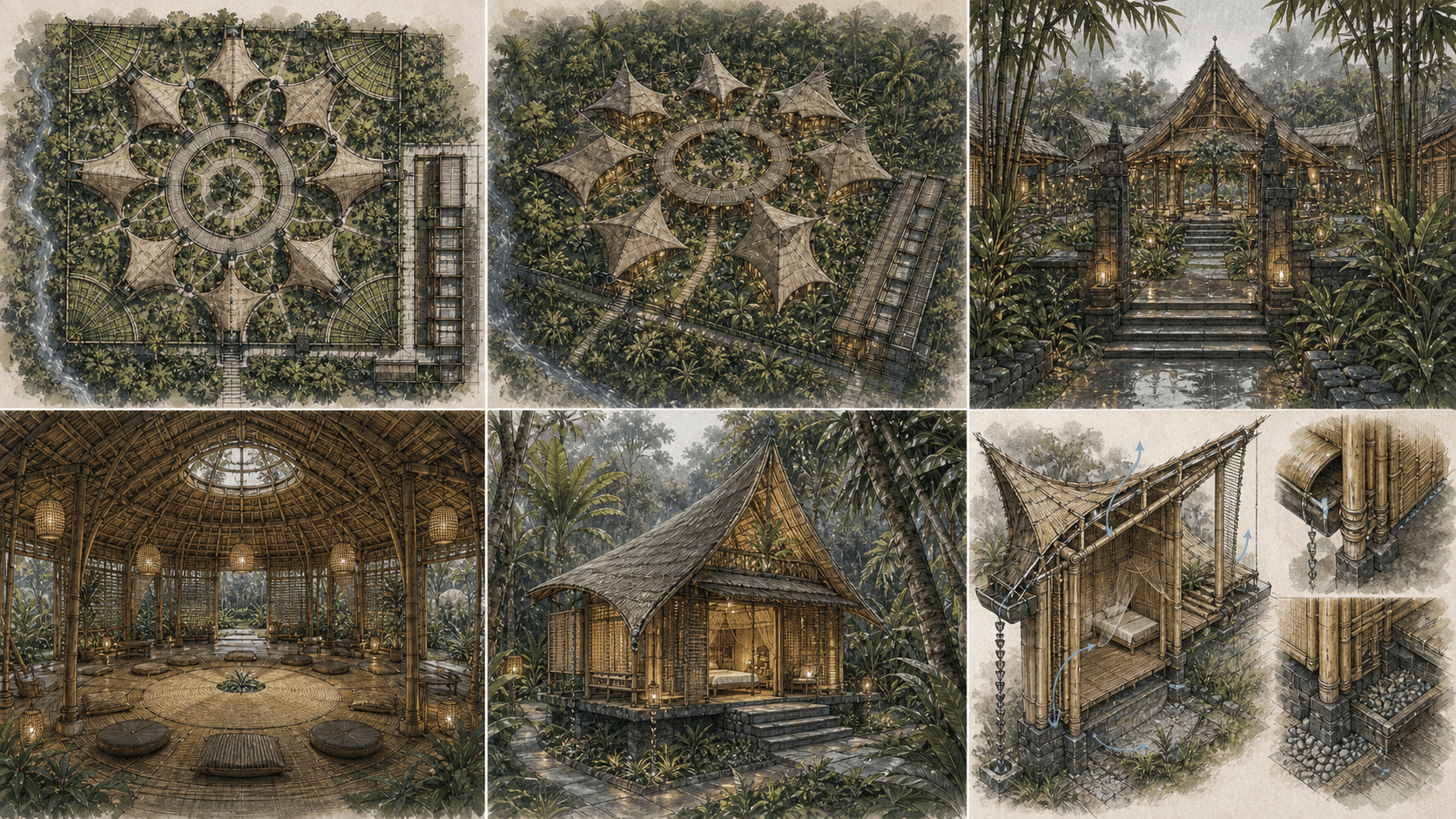 Professional architectural presentation board for a Bali compound, with sketch-faithful corner nests, common edge rooms, top-down plan, bird's-eye roof field, layered threshold, bamboo commons, and climate-intelligent construction details.