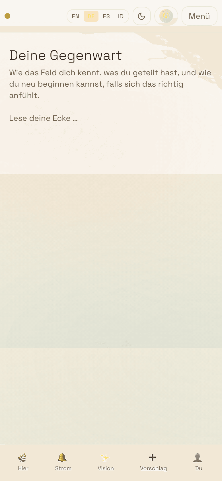 Mobile screenshot of /me for a named visitor showing the 'Known as Mama' card, a 'Brought in by' card referencing patrick-local, the technical view folded away in a details disclosure, and a 'Begin again' card offering to clear identity on this device.