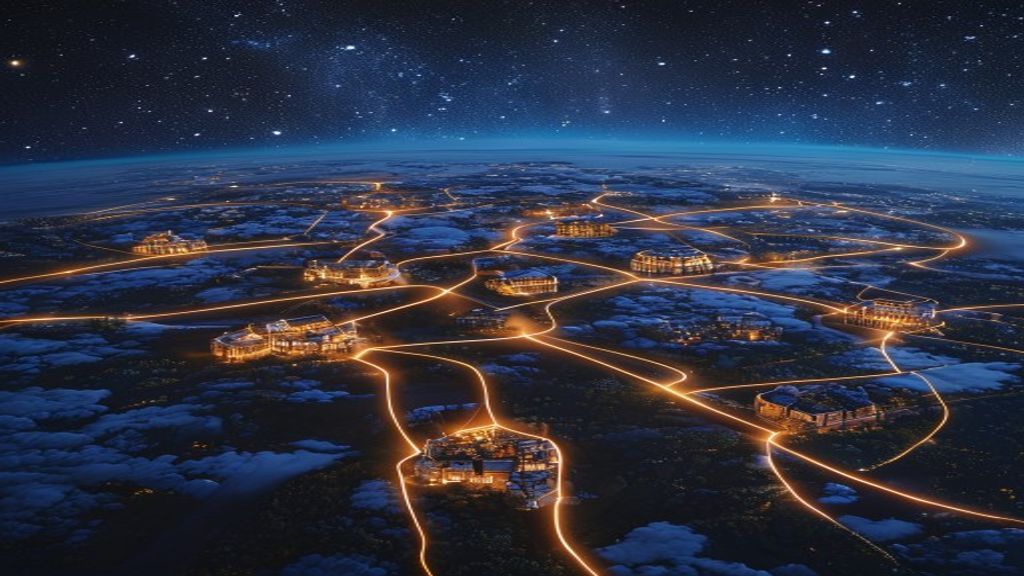 A web of light connections between small communities on a dark globe, each node glowing amber where contributions flow