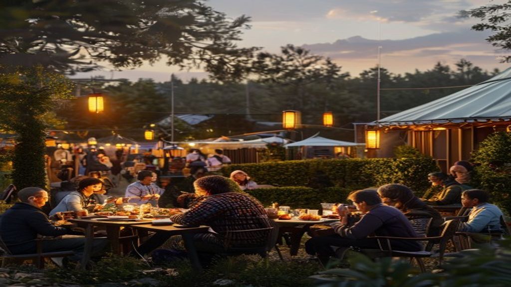 A community gathering at the edge zone where visitors and residents share a meal together, yurts visible, hedge boundary in background, evening light, cross-pollination of cultures