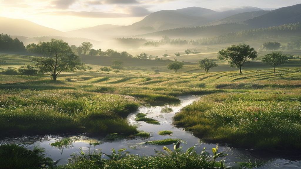 Morning dew on a hillside food forest with young fruit trees, swales full of water catching first light, mist rising from a creek