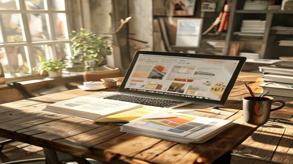 A community workshop table with a laptop showing a generated pitch deck on screen, printed pages stacking nearby, agent activity panel visible