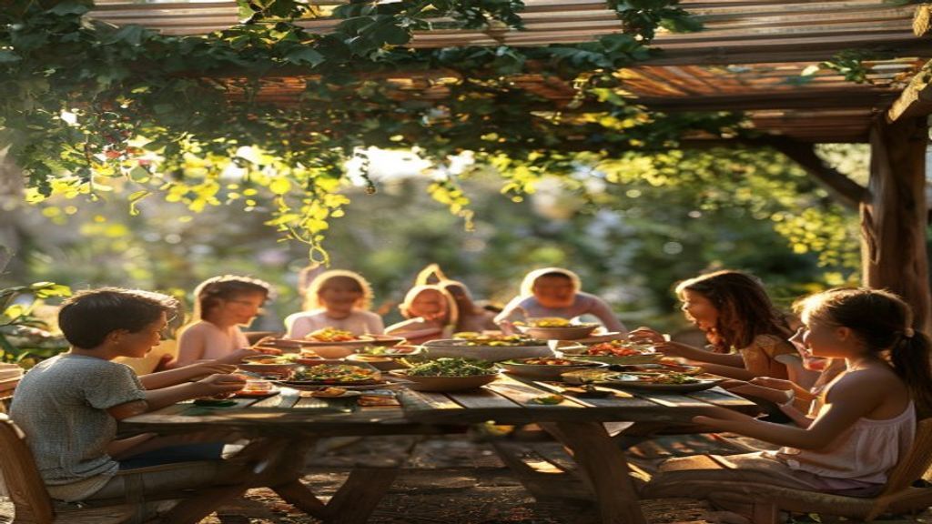Communal meal at the long table