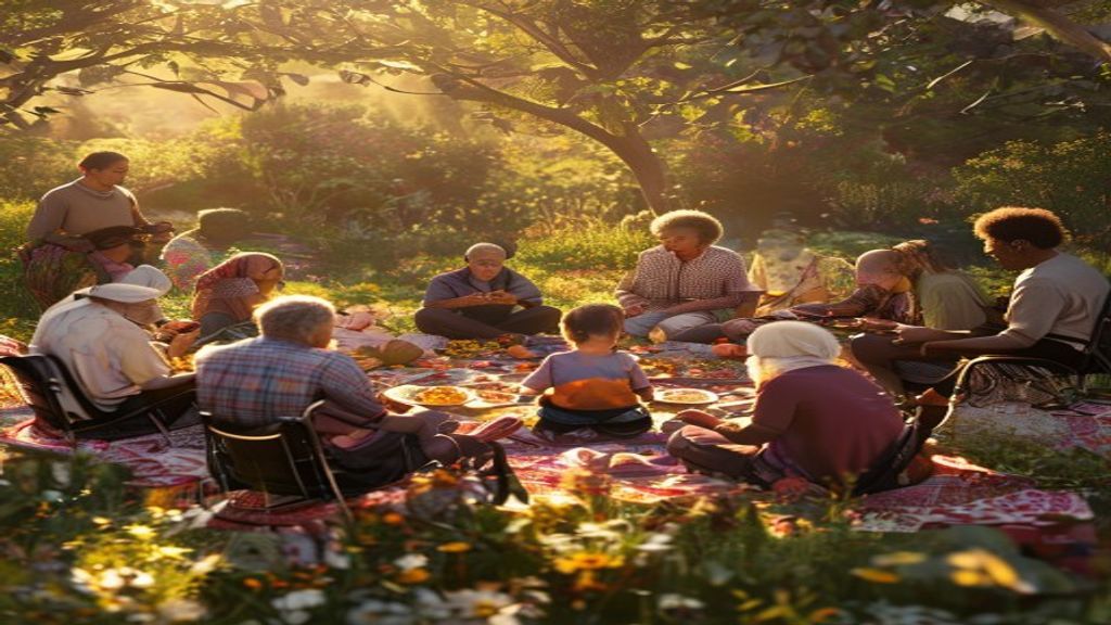 A diverse circle sharing a meal outdoors