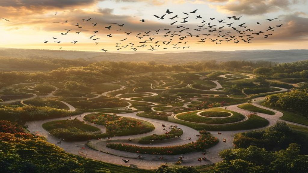 Wide view from a hilltop of a living community at golden hour, paths connecting gardens and gathering spaces, birds in formation above, an invisible hum of connection made almost visible in the warm light
