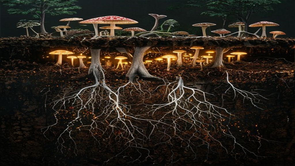 Cross-section of forest floor showing tree roots connected by a glowing white fungal network underground, nutrients flowing as light between root systems, mushrooms fruiting on the surface above, dark rich soil